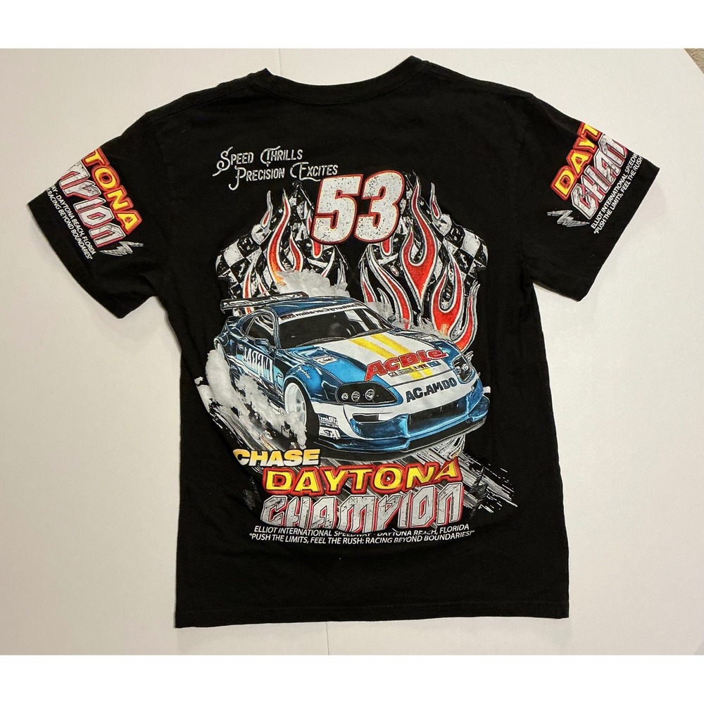 Y2K Savage Crew Nascar Racing AOP Flame Sleeve Hits‎ T-Shirt Blk Mens L (fits S)